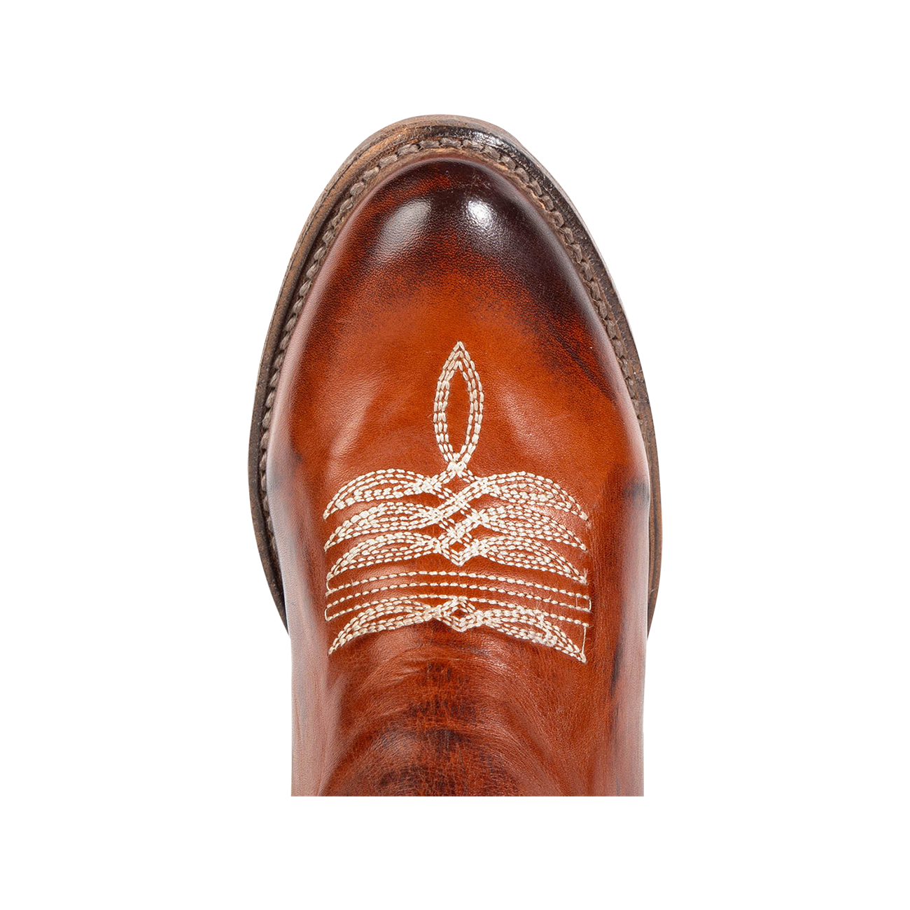 Top view showing almond toe construction with stitch detailing on FREEBIRD women's Zion beige whiskey mid calf boot