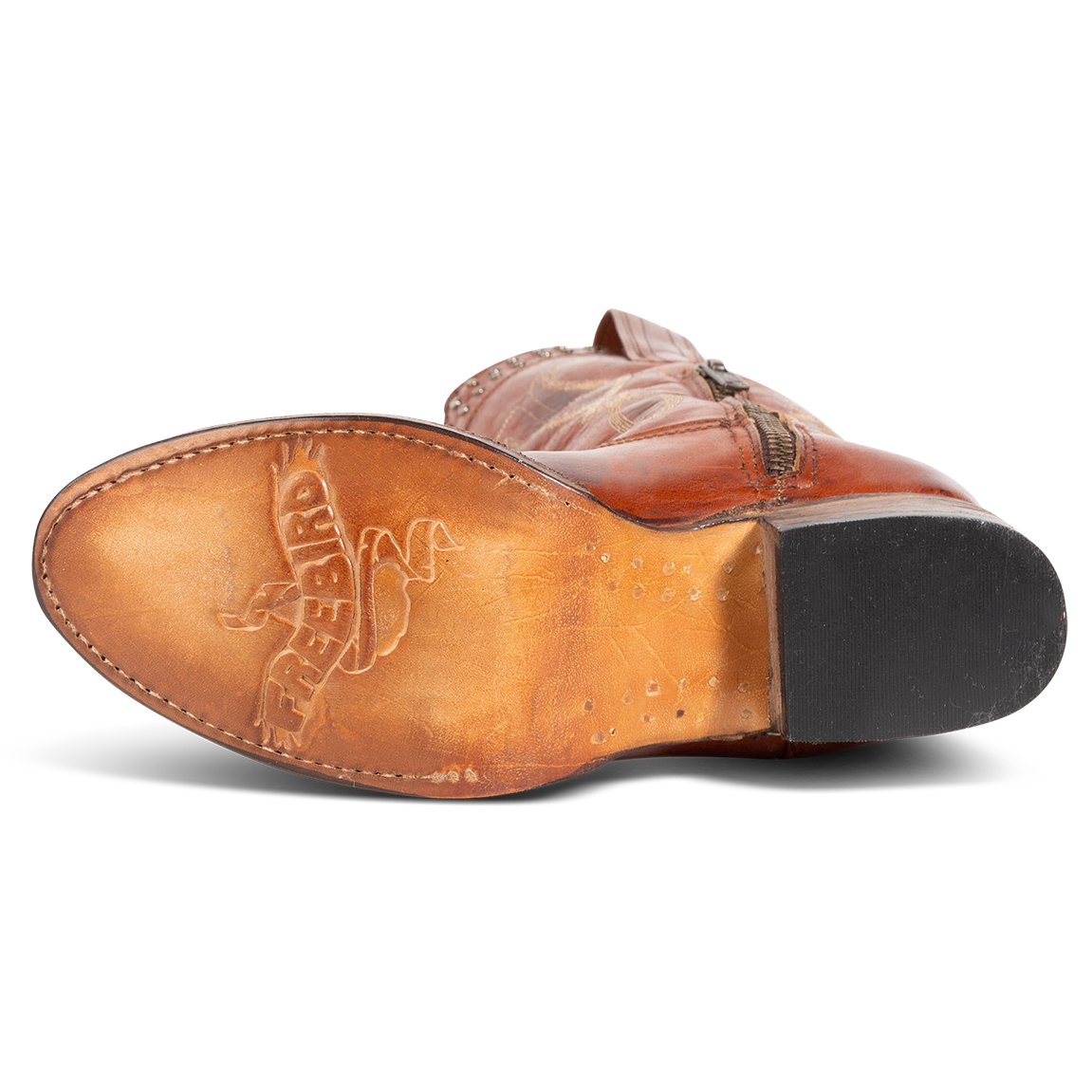 Leather sole imprinted with FREEBIRD on women's Zion whiskey western mid calf boot