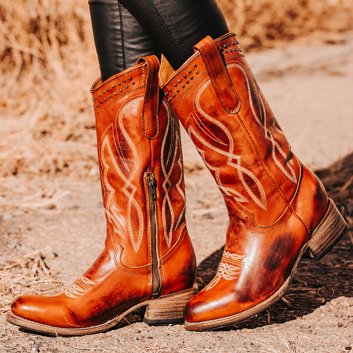 FREEBIRD women's Zion whiskey slim fit mid calf boot with stud detailing, almond-shaped toe, low heel, and pull on straps