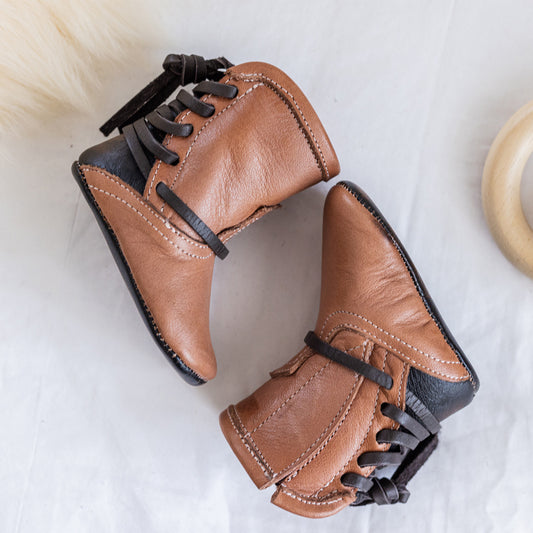 FREEBIRD infant baby coal dusty rose back lace detailing leather bootie with inside velcro closure lifestyle image