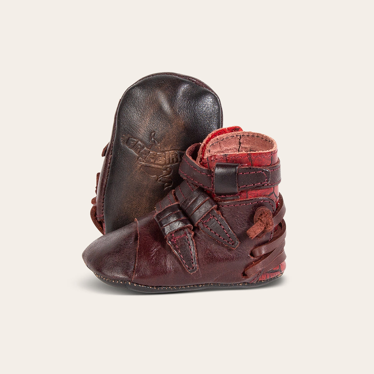 front and side view showing contrasting back lace and side strap detailing on FREEBIRD infant baby crue wine multi leather bootie