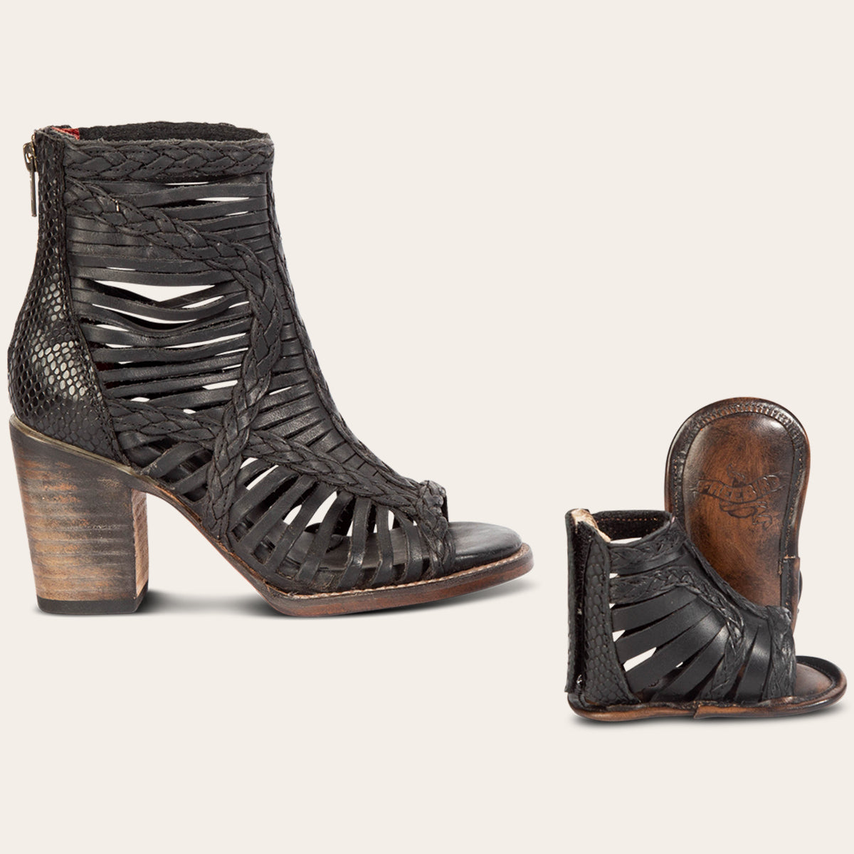 FREEBIRD women's bela black multi and matching infant baby bela leather sandal with laser-cut leather, braided accents and embossed leather back velcro pane