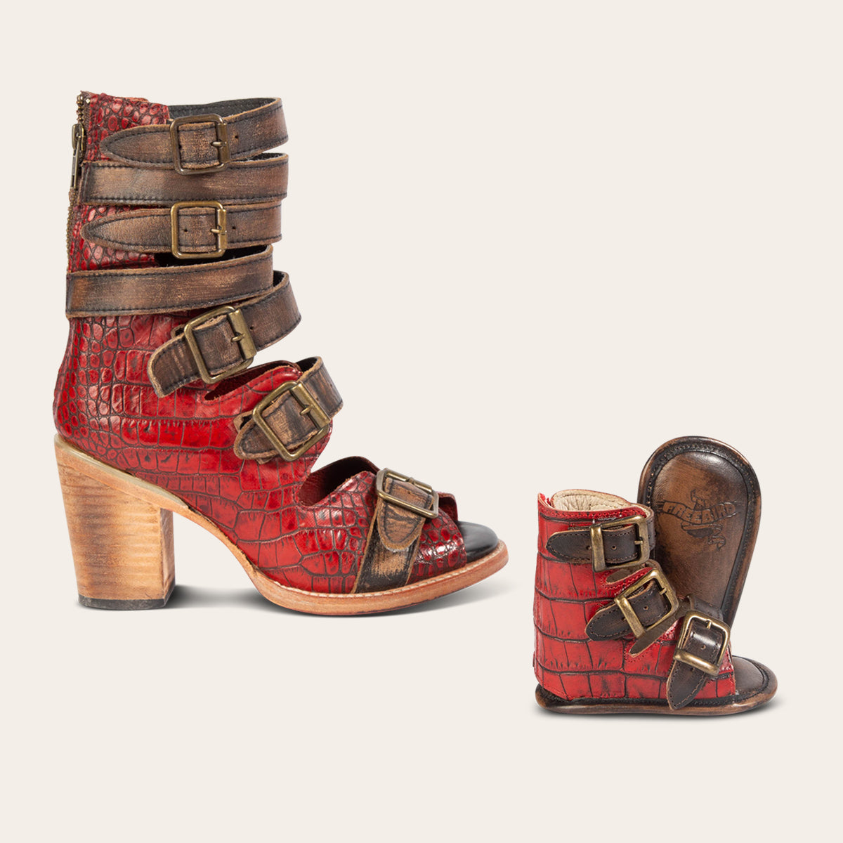 FREEBIRD women's bond red croco and matching infant baby bond leather sandal showing buckle fashion straps and soft imprinted leather sole