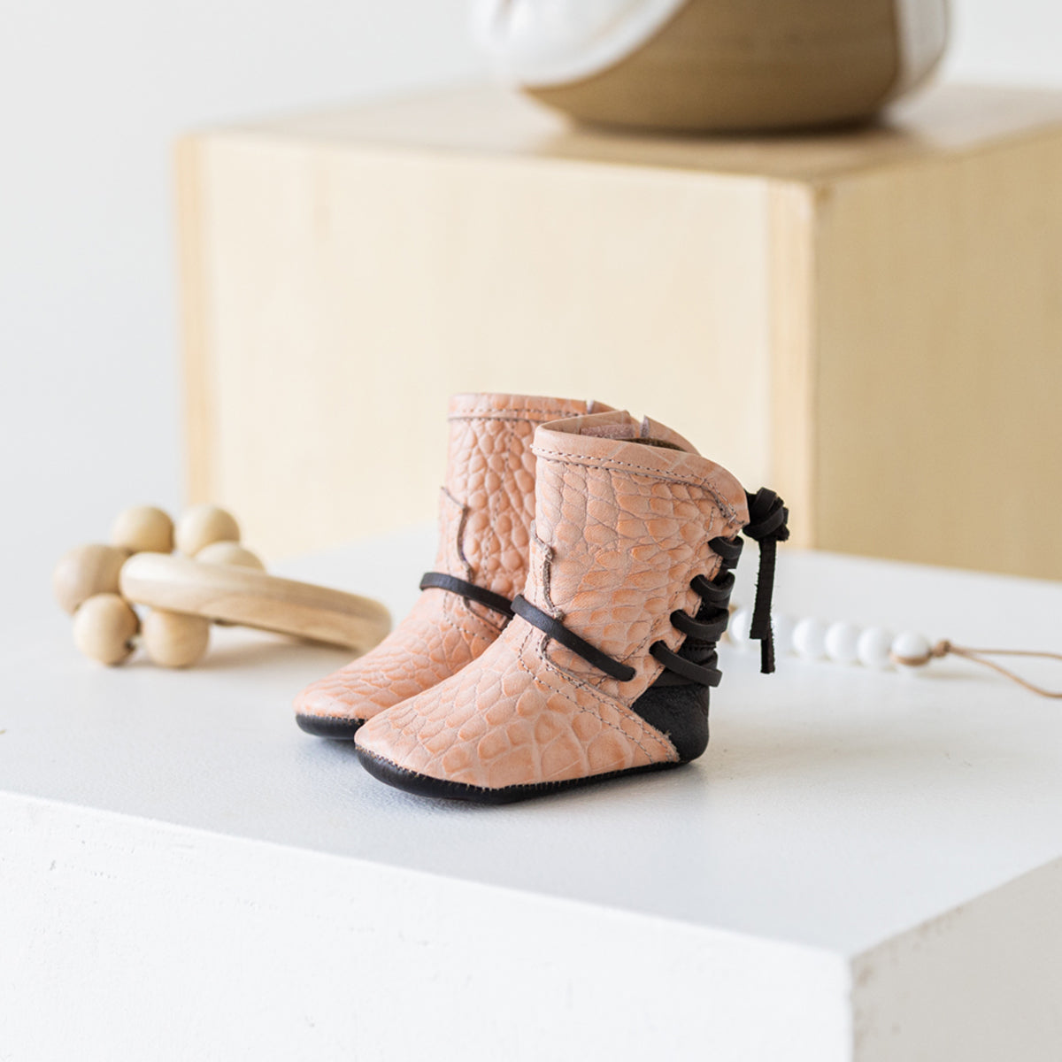 FREEBIRD infant baby coal pink croco back lace detailing leather bootie with inside velcro closure lifestyle image