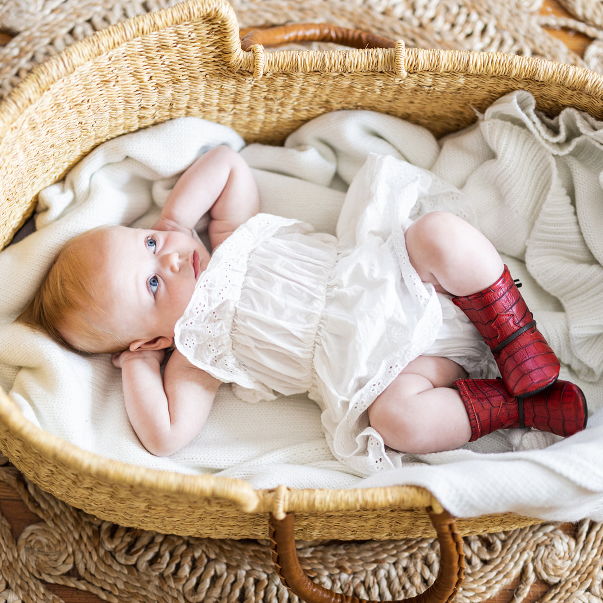 FREEBIRD infant baby coal red croco back lace detailing leather bootie with inside velcro closure lifestyle image