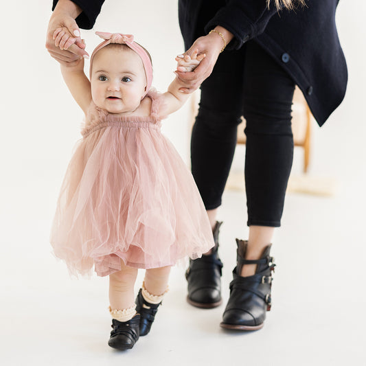 FREEBIRD infant baby crue black back lace detailing and side strap detailing leather bootie with inside velcro closure lifestyle image