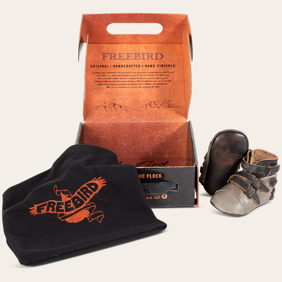 Box view showing Baby crue grey multi infant bootie with cloth duster bag 