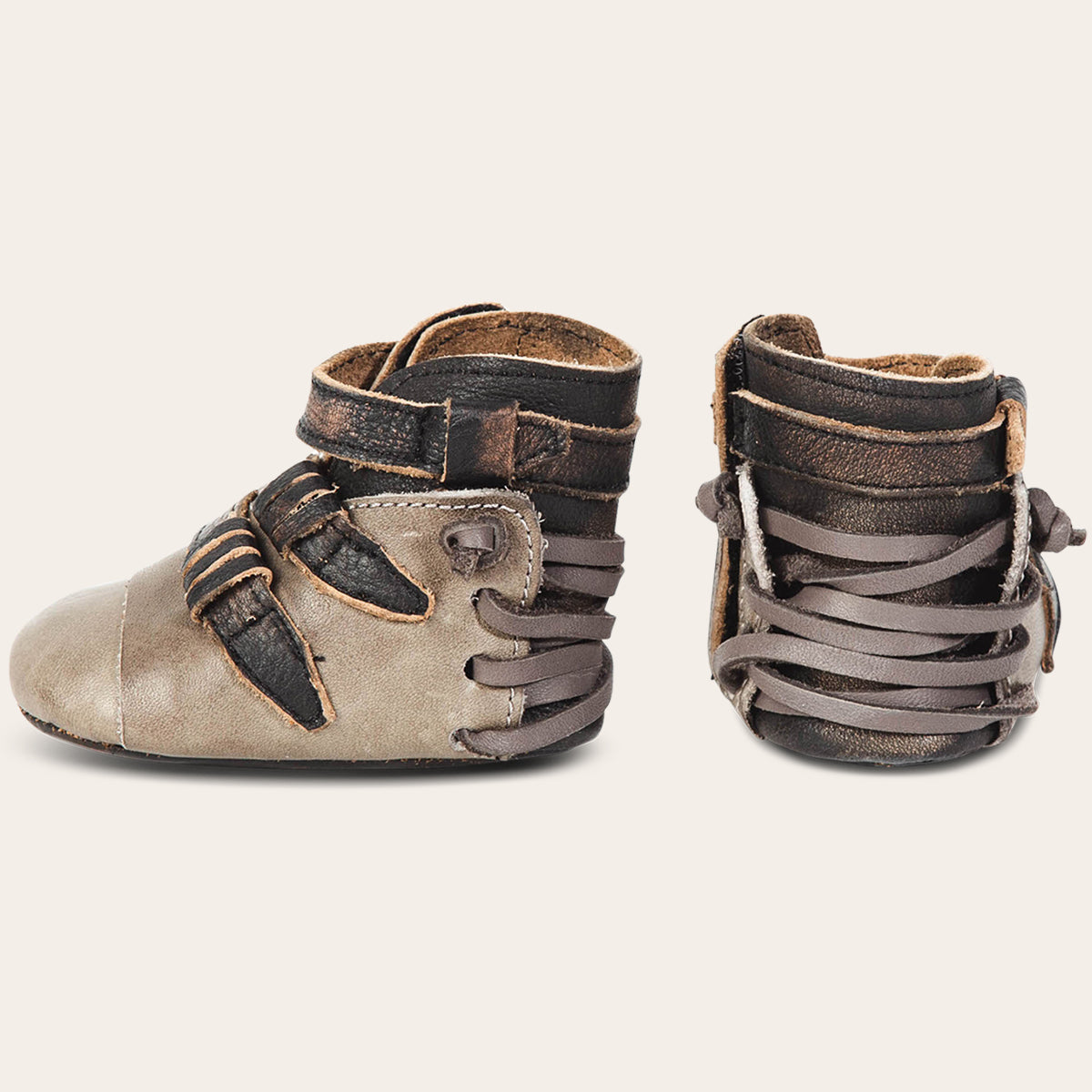 side and back view showing contrasting back lace and side strap detailing on FREEBIRD infant baby crue grey multi leather bootie 