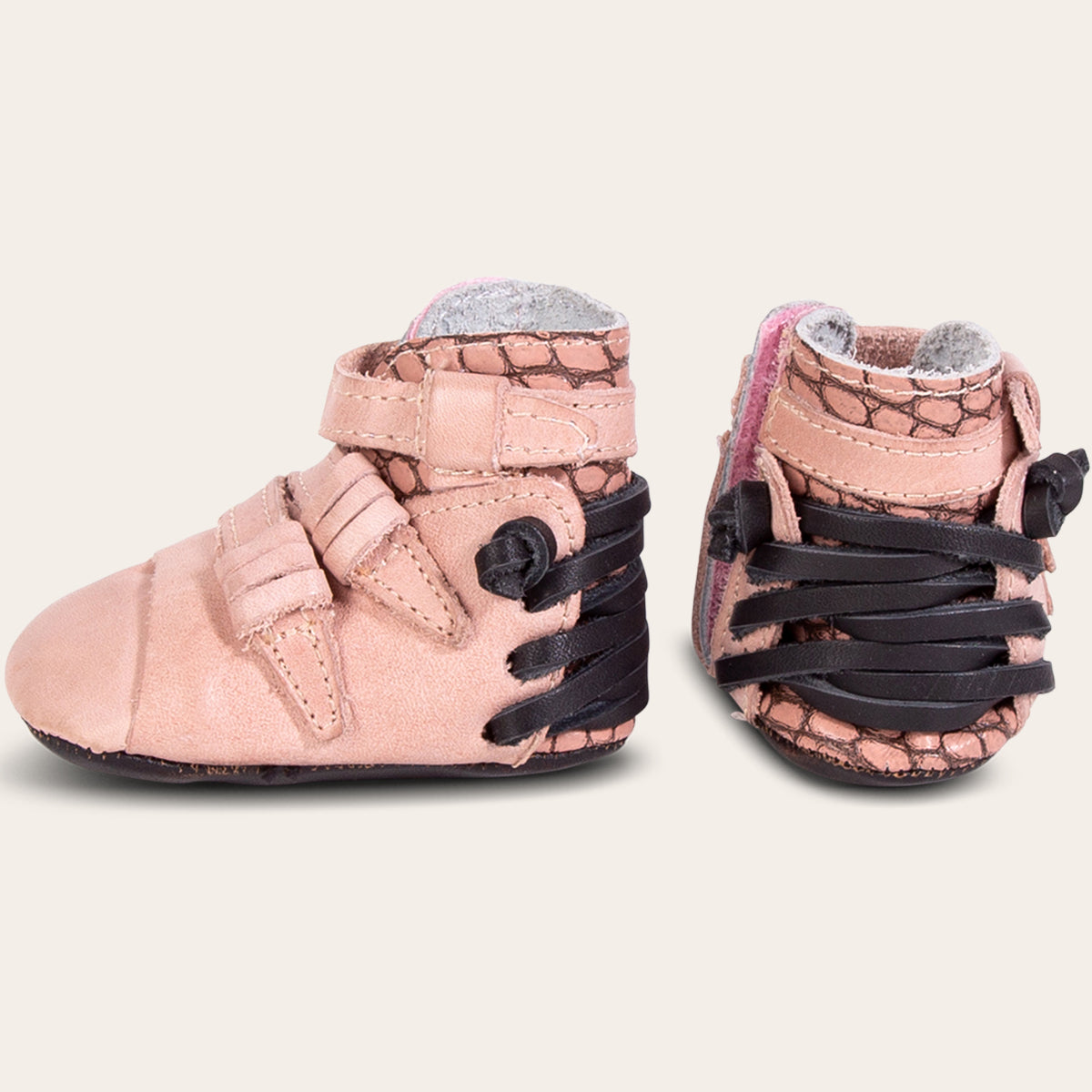front and side view showing contrasting back lace and side strap detailing on FREEBIRD infant baby crue pink multi leather bootie
