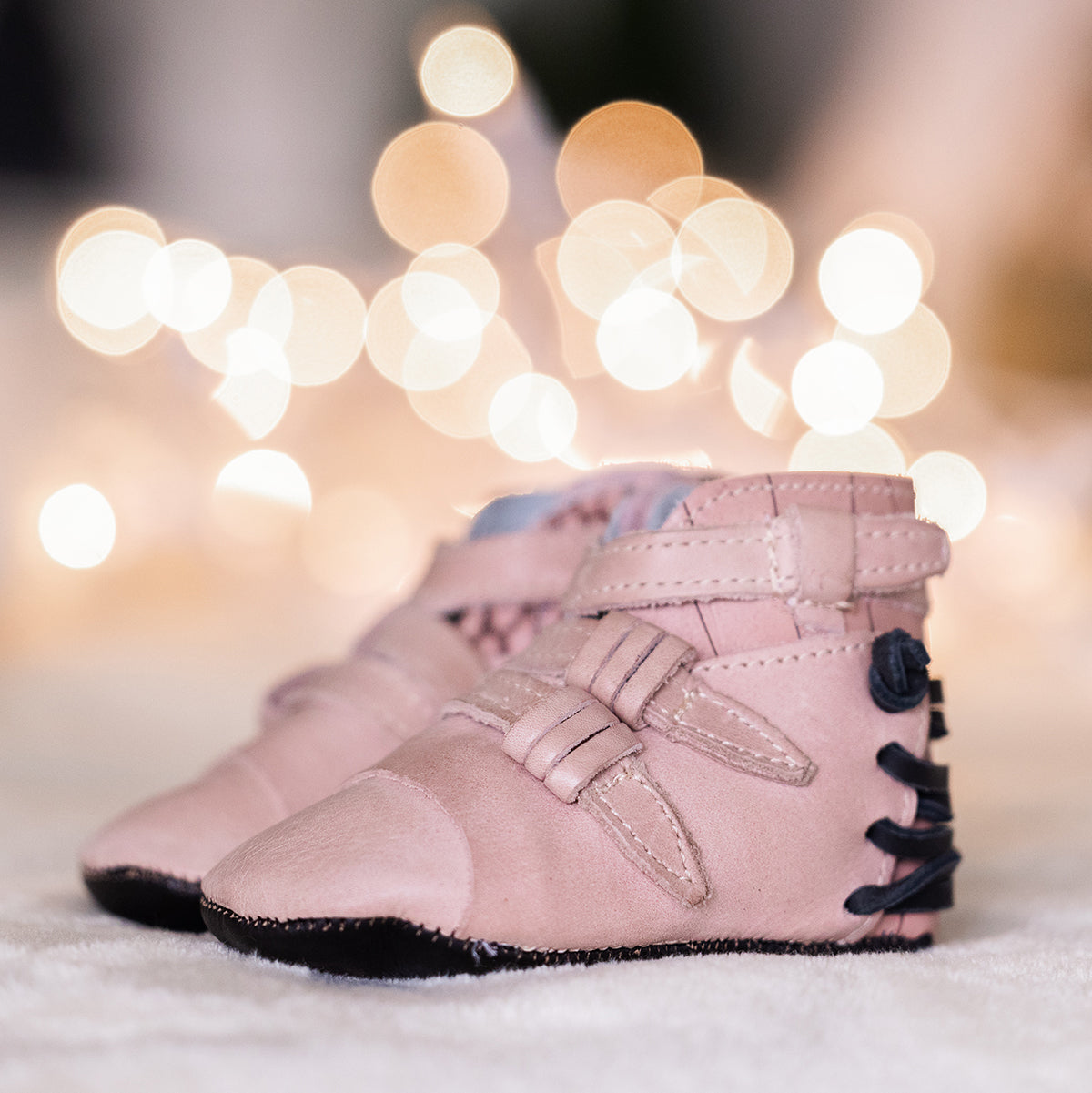 FREEBIRD infant baby crue pink multi back lace and side strap detailing leather bootie with inside velcro closure lifestyle image