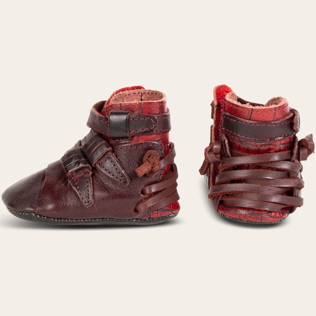 side and back view showing contrasting back lace and side strap detailing on FREEBIRD infant baby crue wine multi leather bootie