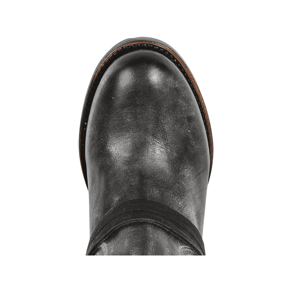 Top view showing round toe and leather ankle lacing on FREEBIRD women's Coal black tall boot