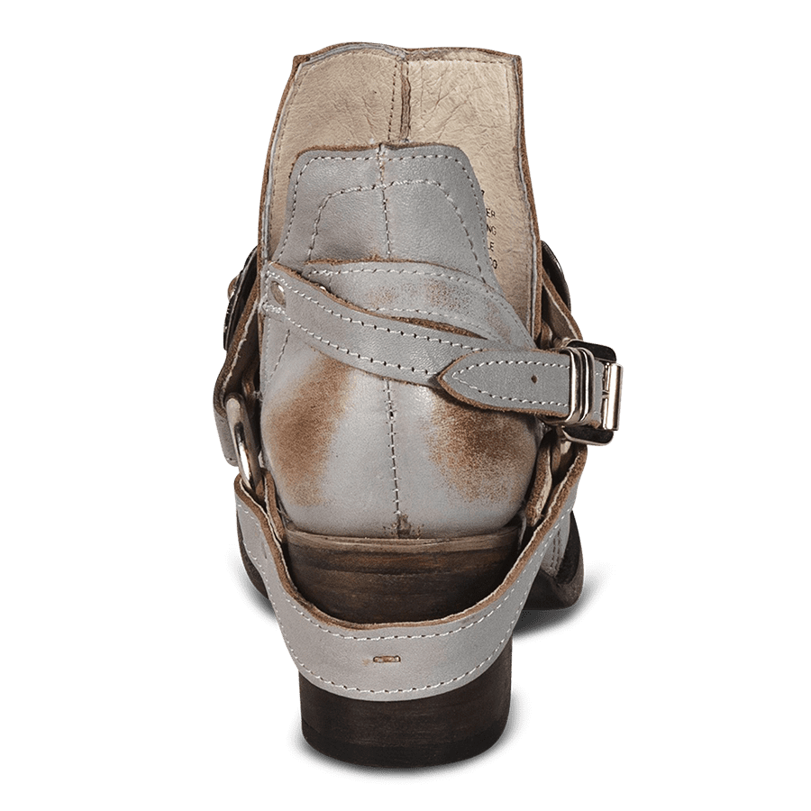 Back view showing contrasting leather ankle straps on FREEBIRD women's Mystic smoke bootie