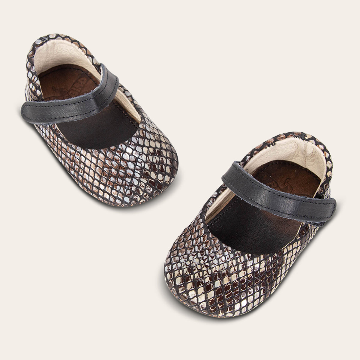 front view showing top leather strap on FREEBIRD infant baby Jane blue snake leather shoe