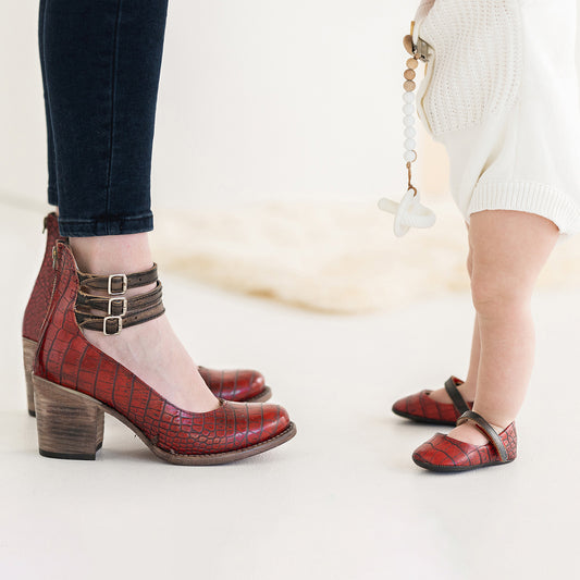 FREEBIRD infant baby Jane red croco leather shoe with top strap velcro closure lifestyle image