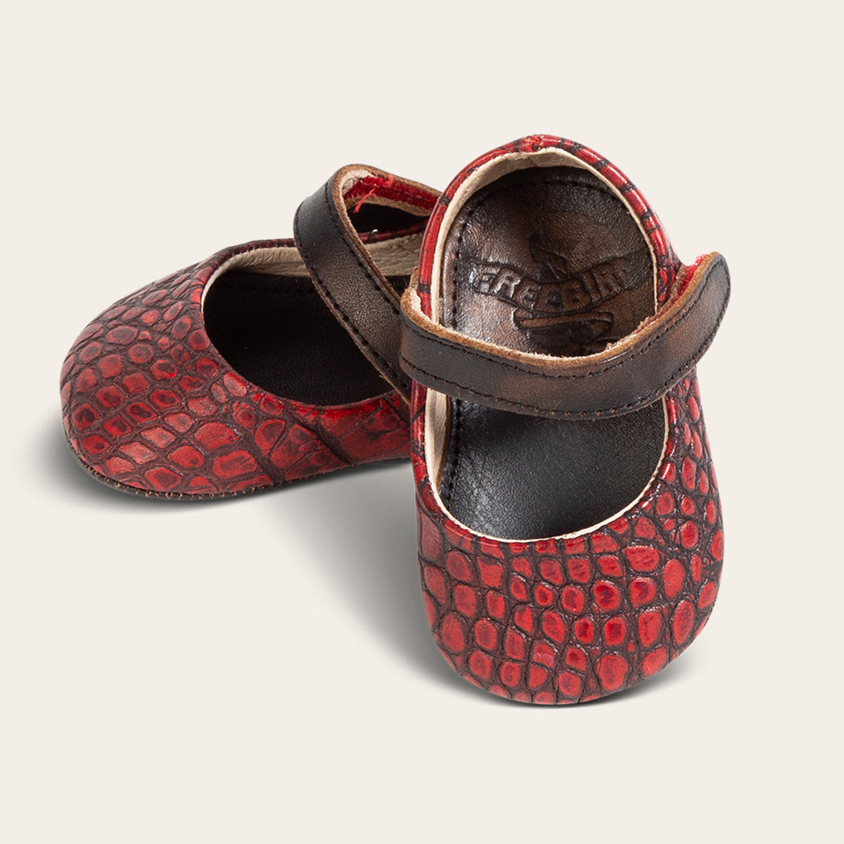 front view showing top leather strap on FREEBIRD infant baby Jane red croco leather shoe