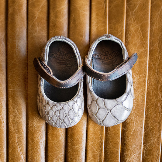 FREEBIRD infant baby Jane stone croco leather shoe with top strap velcro closure lifestyle image