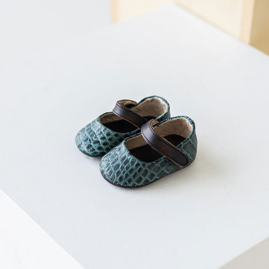 FREEBIRD infant baby Jane turquoise croco leather shoe with top strap velcro closure lifestyle image