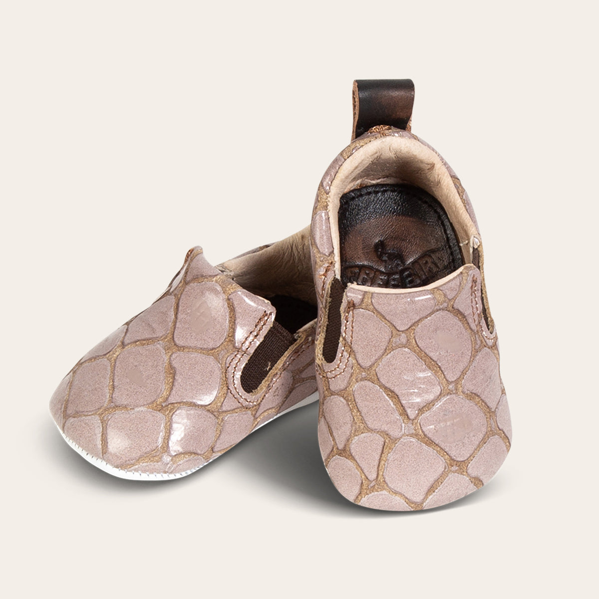 front view showing heel pull tab and side elastic panel on FREEBIRD infant baby kicks stone croco leather shoe