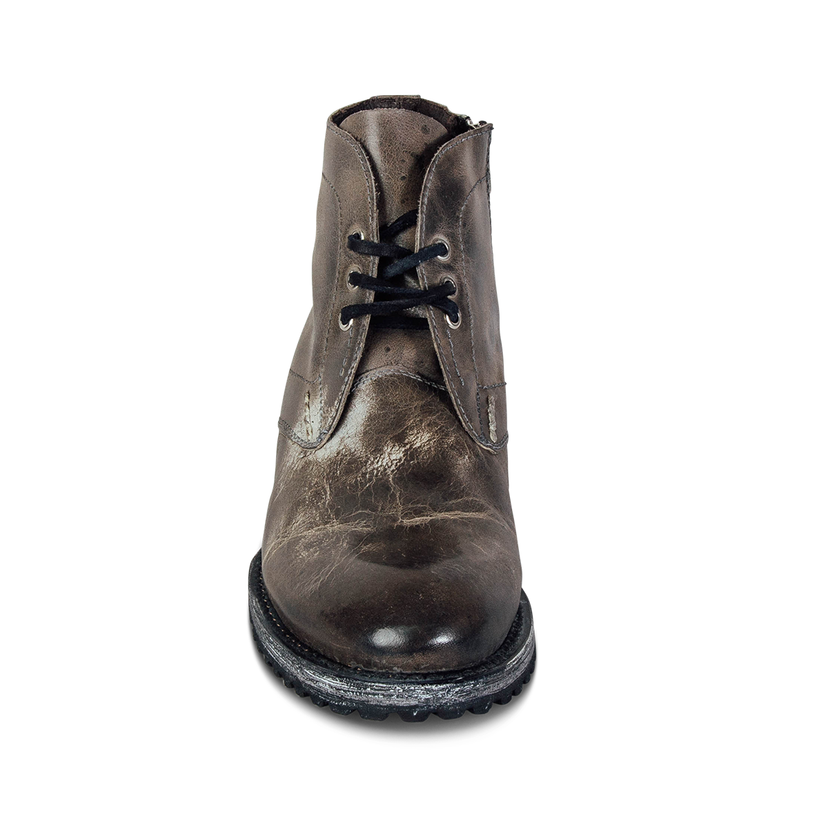 Front view showing leather tongue construction and adjustable leather lace closure on FREEBIRD men's Knight stone boot