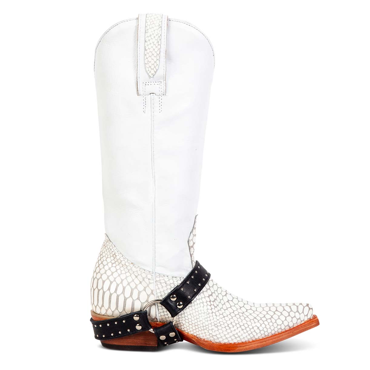 FREEBIRD women's Lusitano white snake western boot with embellished harness and snip toe