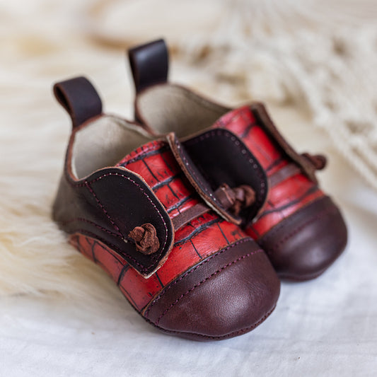 FREEBIRD infant baby Mabel wine multi leather shoe with decorative knotted leather lace and hidden inside elastic panel lifestyle image