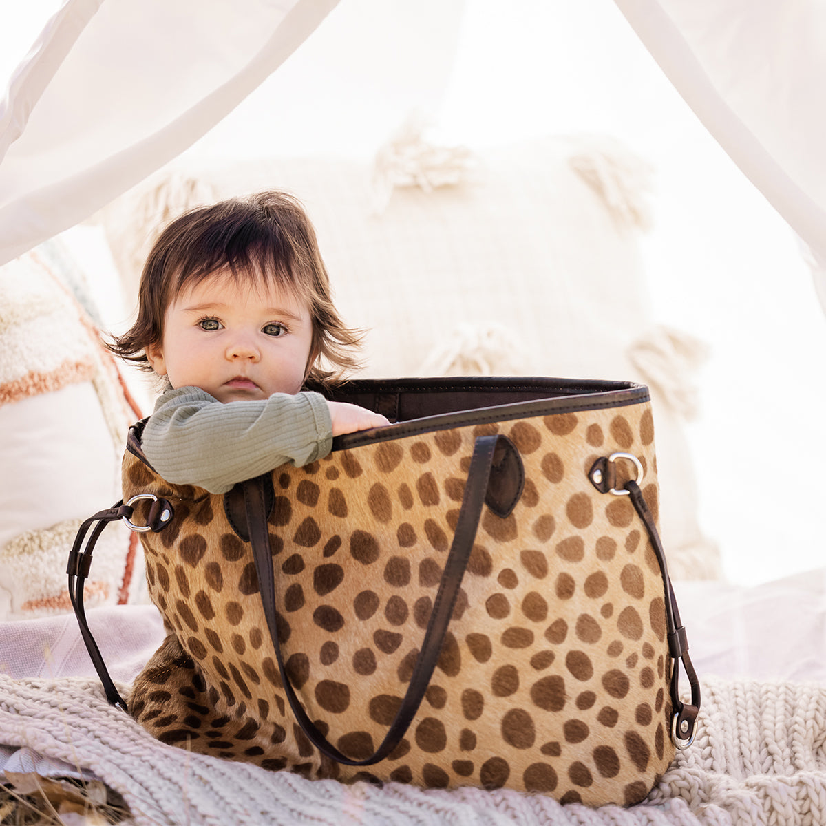 FREEBIRD Mara leopard calf hair tote bag with top handles and interior zip pocket