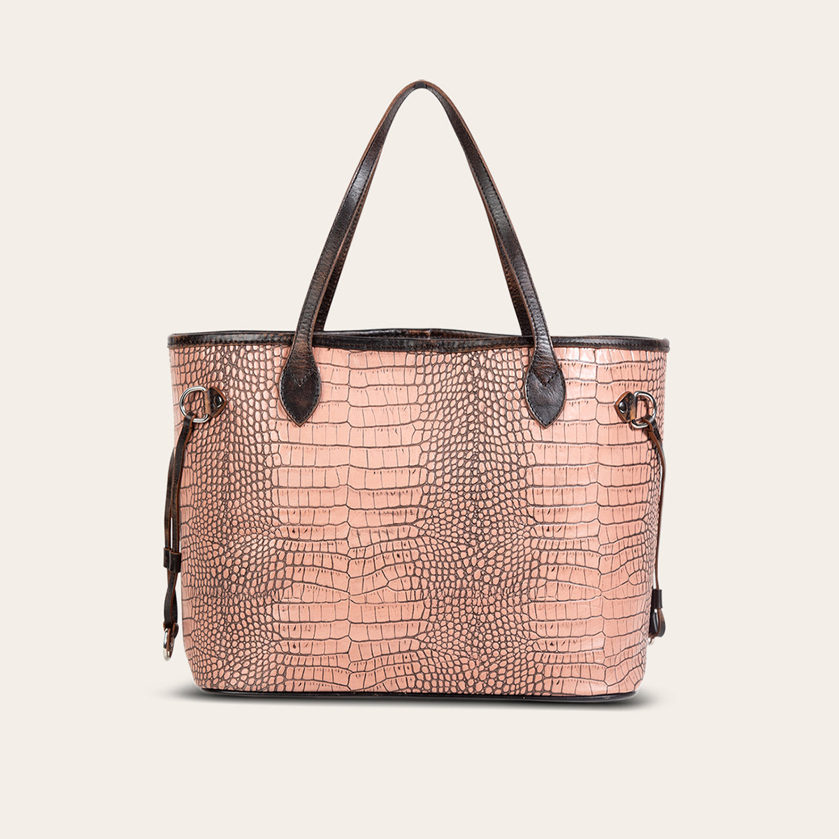 FREEBIRD Mara pink croco embossed leather tote bag with top handles and interior zip pocket