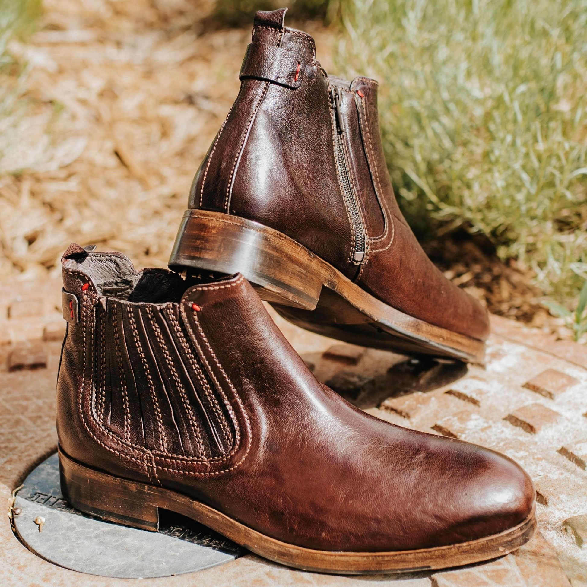 FREEBIRD men's Grayson brown slip on boot with back tab and inside working brass zip closure