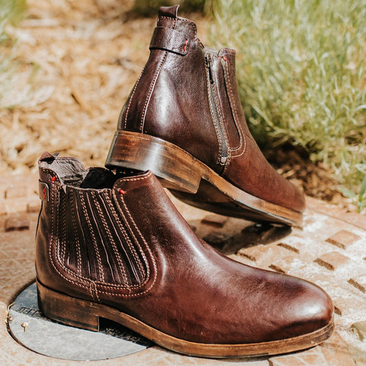 FREEBIRD men's Grayson brown slip on boot with back tab and inside working brass zip closure