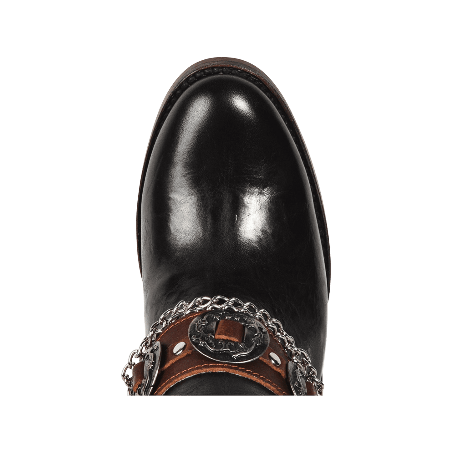 Top view showing almond toe and western embellished ankle strap on FREEBIRD women's Mystic black bootie 