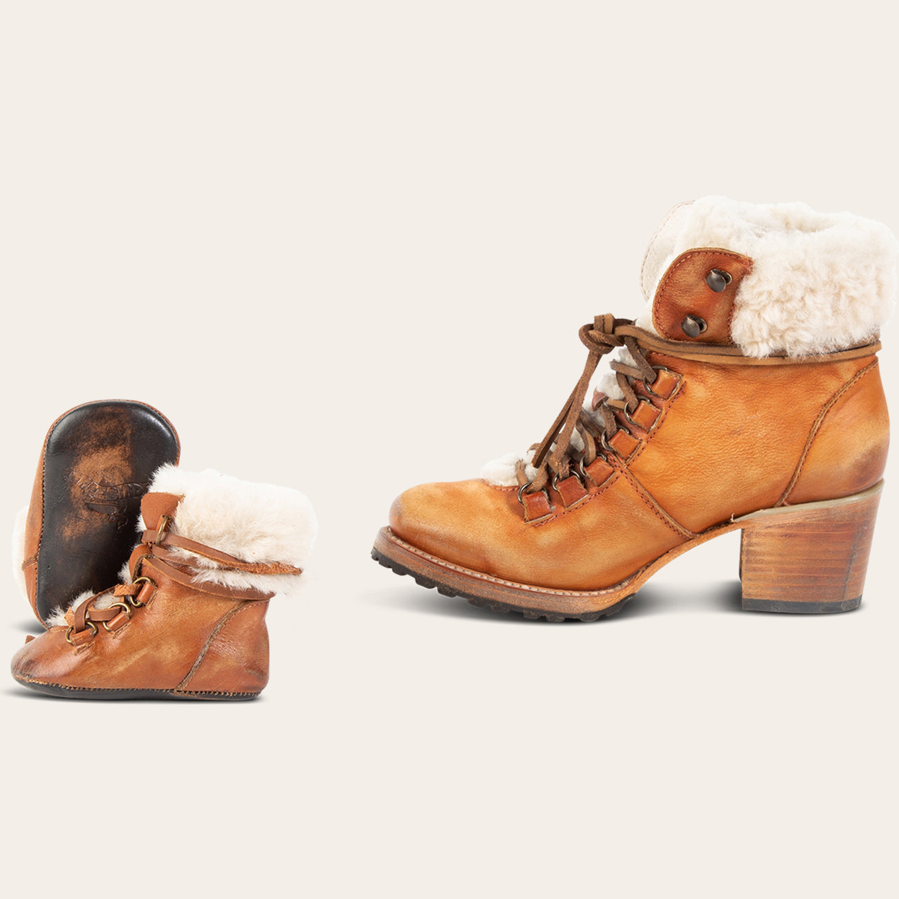 FREEBIRD womens norway cognac and matching infant baby norway with shearling lining and contrasting leather lace detailing 