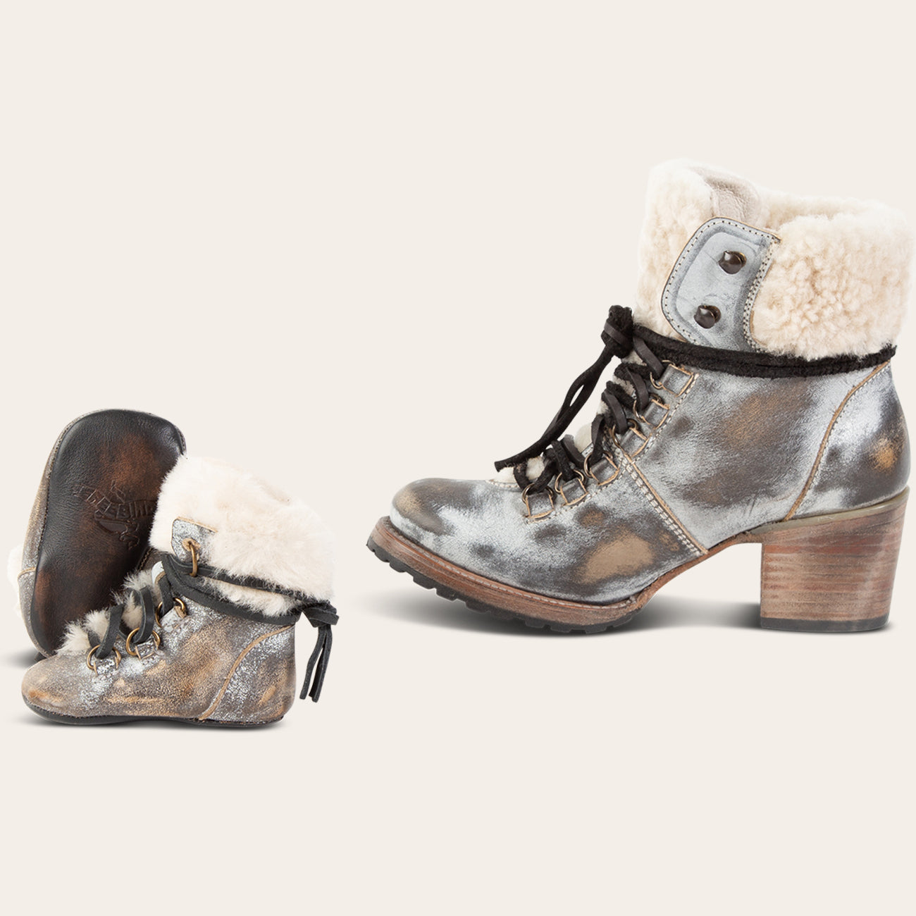 FREEBIRD womens norway ice and matching infant baby norway with shearling lining and contrasting leather lace detailing