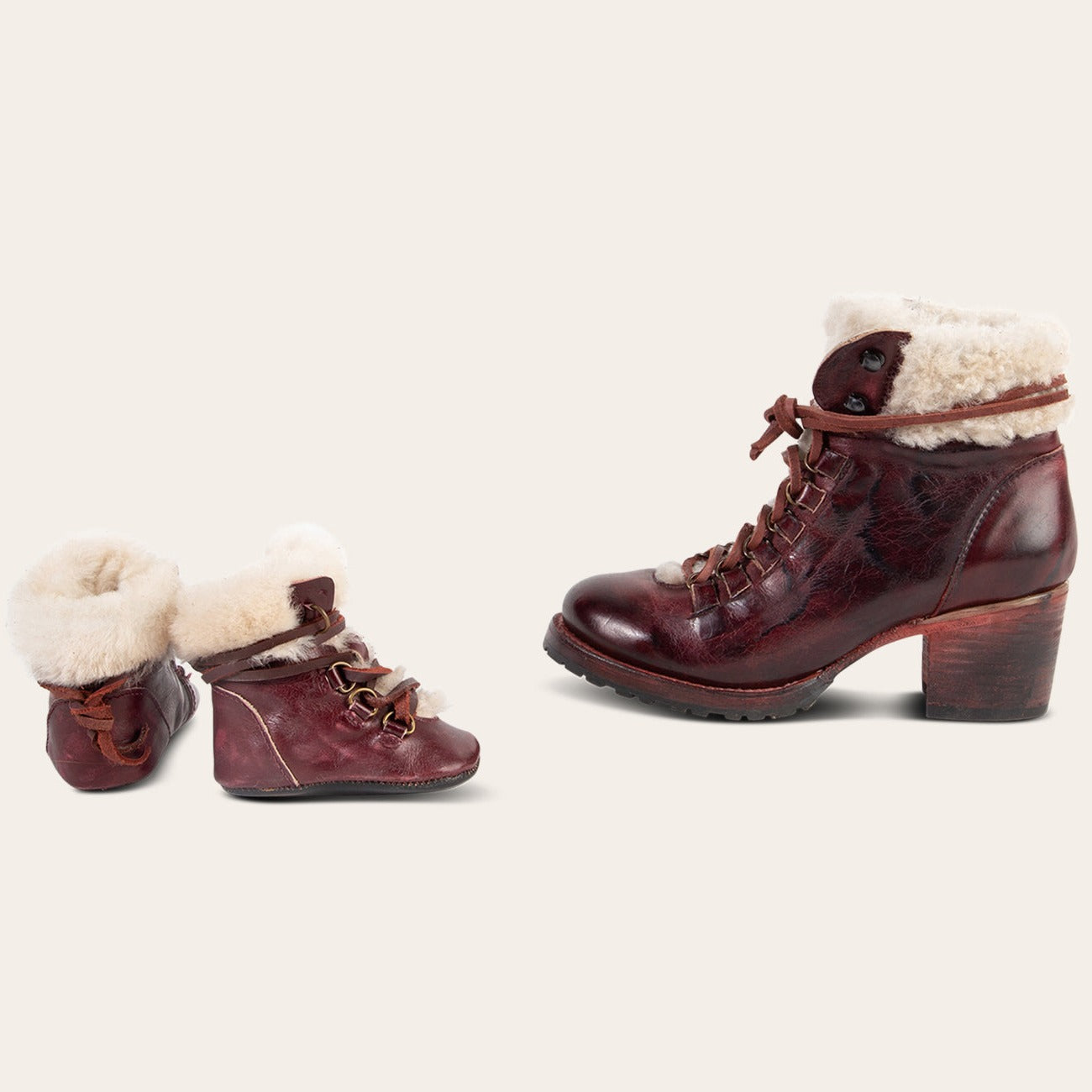 FREEBIRD womens norway wine and matching infant baby norway with shearling lining and contrasting leather lace detailing