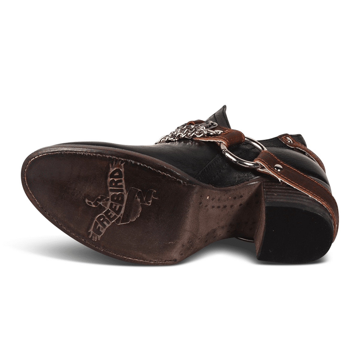 Leather sole imprinted with FREEBIRD on women's Mystic black leather bootie