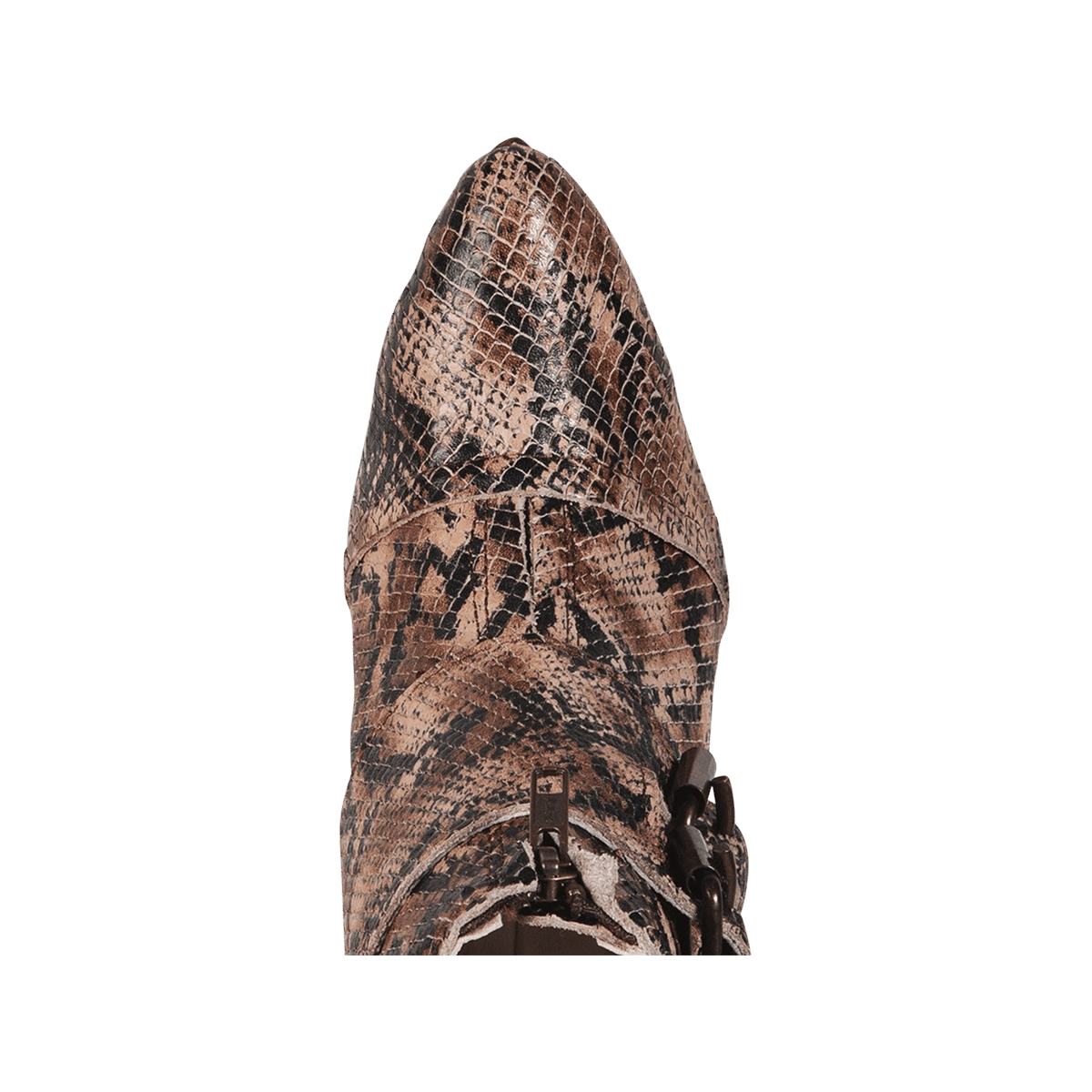 Top view showing pointed toe and front overlay on FREEBIRD women's Joey brown snake leather bootie