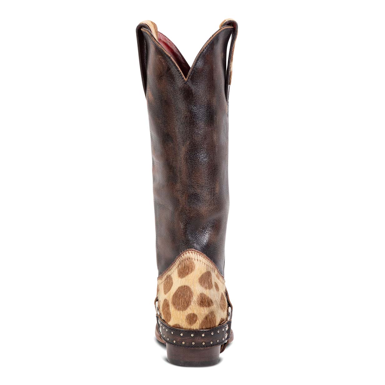 Back view showing scallop dip and embellished leather harness on FREEBIRD women's Lusitano leopard boot