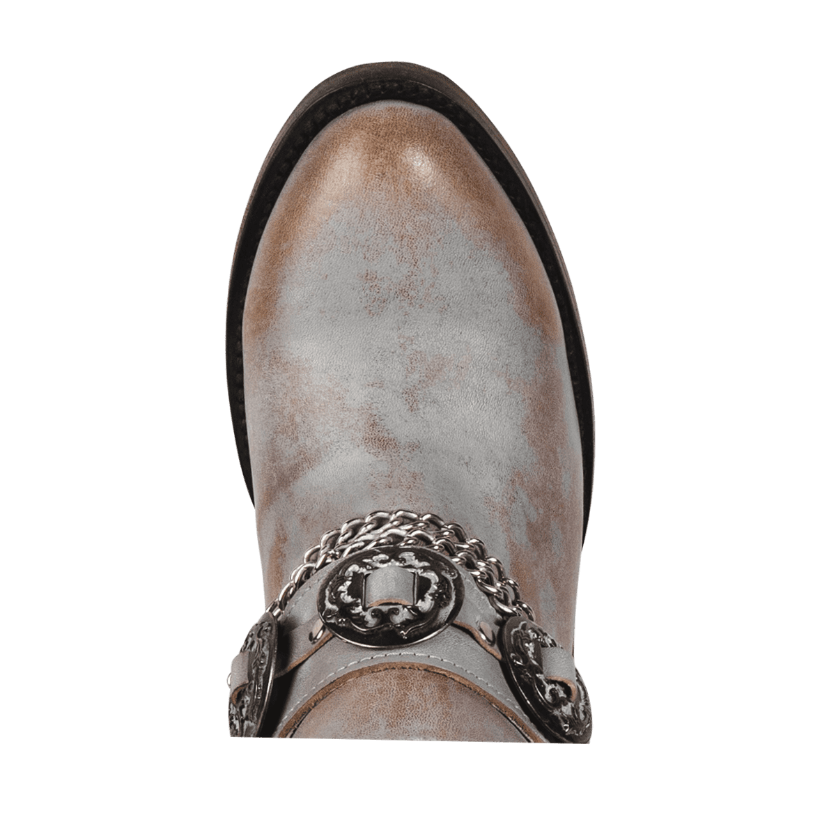 Top view showing almond toe and western embellished ankle strap on FREEBIRD women's Mystic smoke bootie
