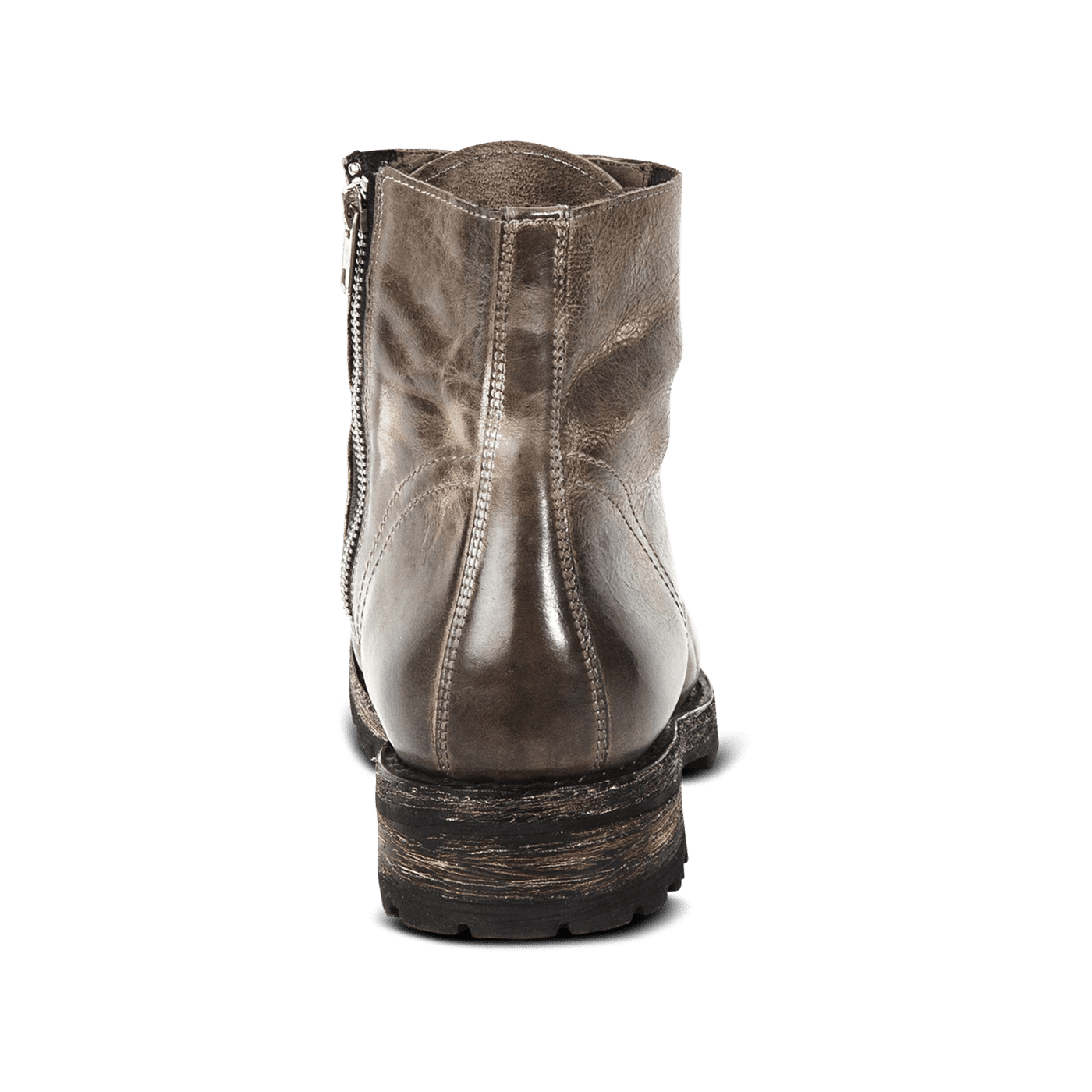 Back view showing wood wrapped heel with rubber tread on FREEBIRD men's Jax stone leather boot