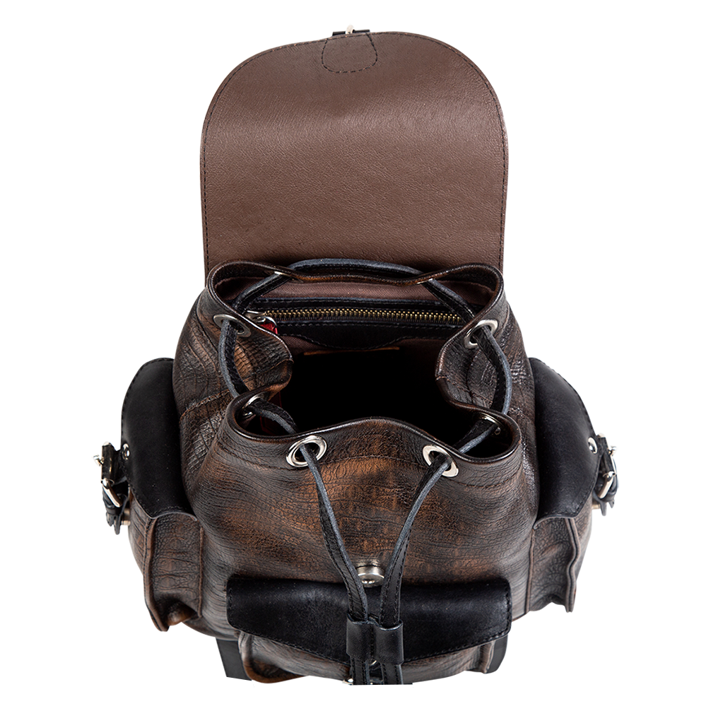 Brett brown distressed interior zip pocket with fabric lining and a leather drawstring closure construction on FREEBIRD backpack