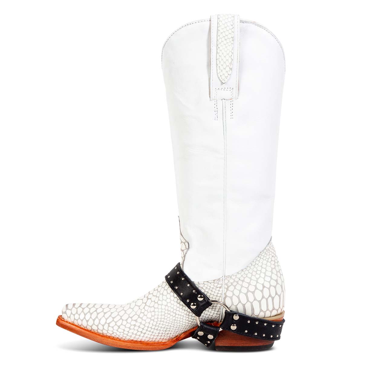 Inside view showing pull straps and western ankle harness on FREEBIRD women's Lusitano white snake boot