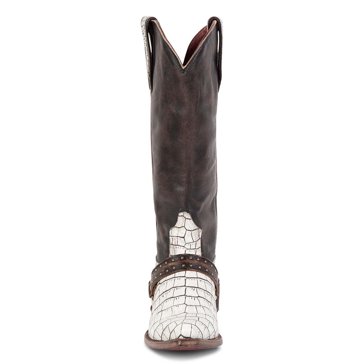 Front view showing scallop dip and leather harness with silver stud detailing on FREEBIRD women's Lusitano white croco multi boot