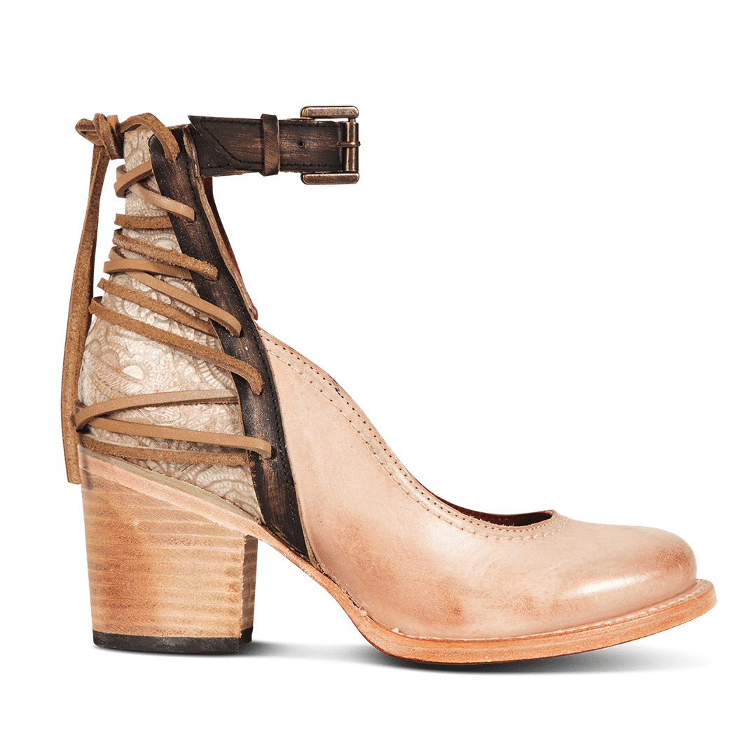 FREEBIRD women's Raeanne taupe multi embossed leather heeled shoe with back leather lacing and ankle strap