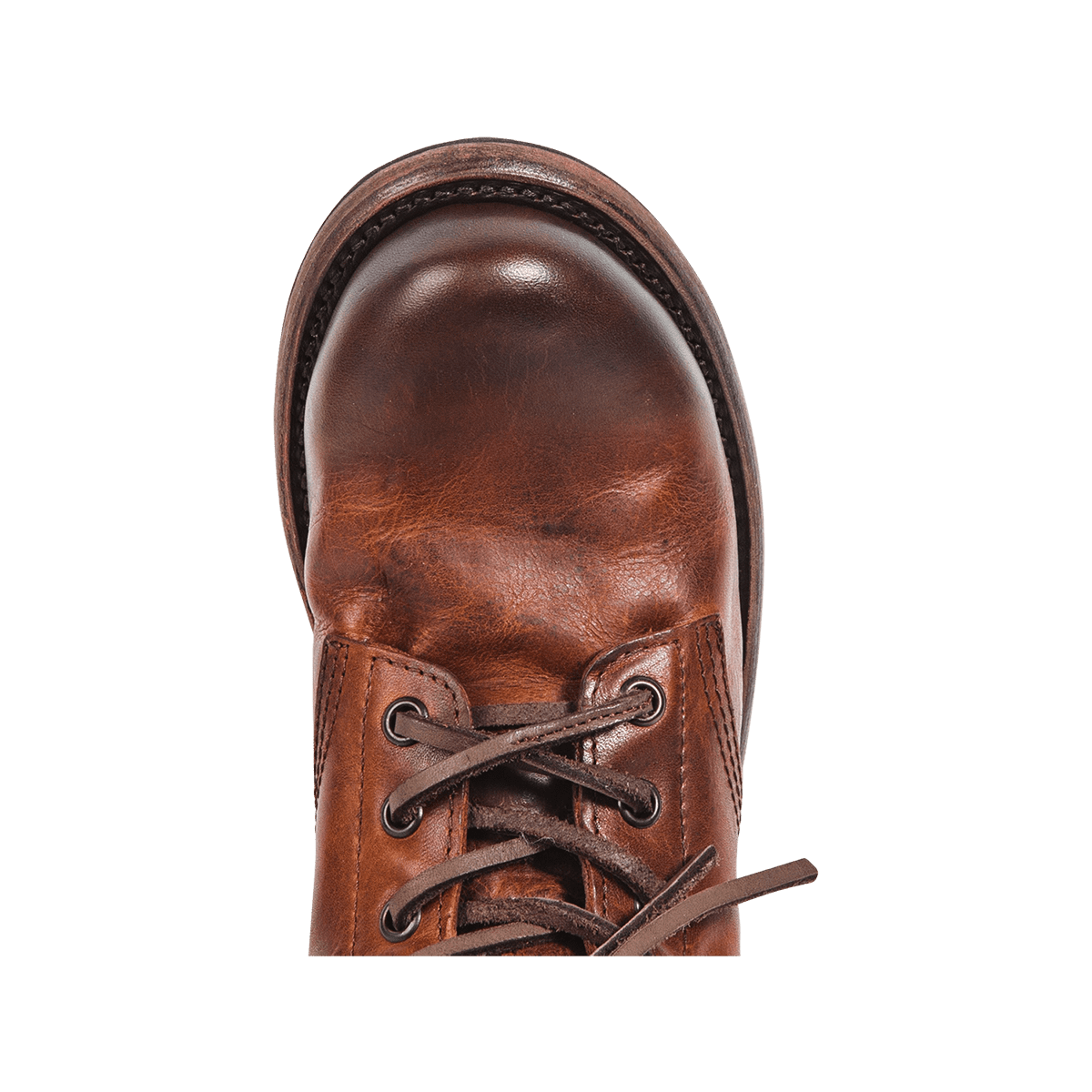 Top view showing round toe on FREEBIRD women's Manchester cognac combat boot