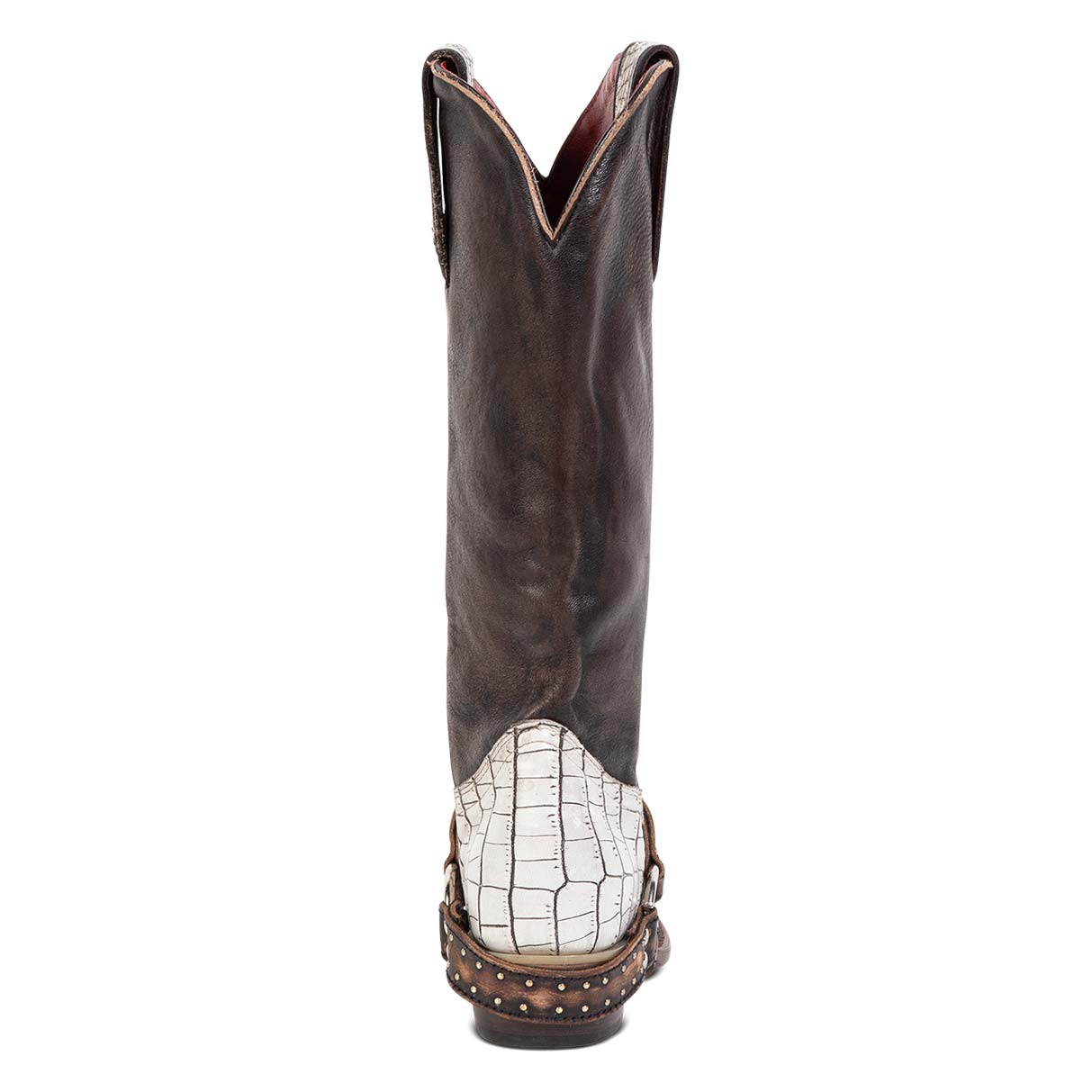 Back view showing scallop dip and embellished leather harness on FREEBIRD women's Lusitano white croco multi boot