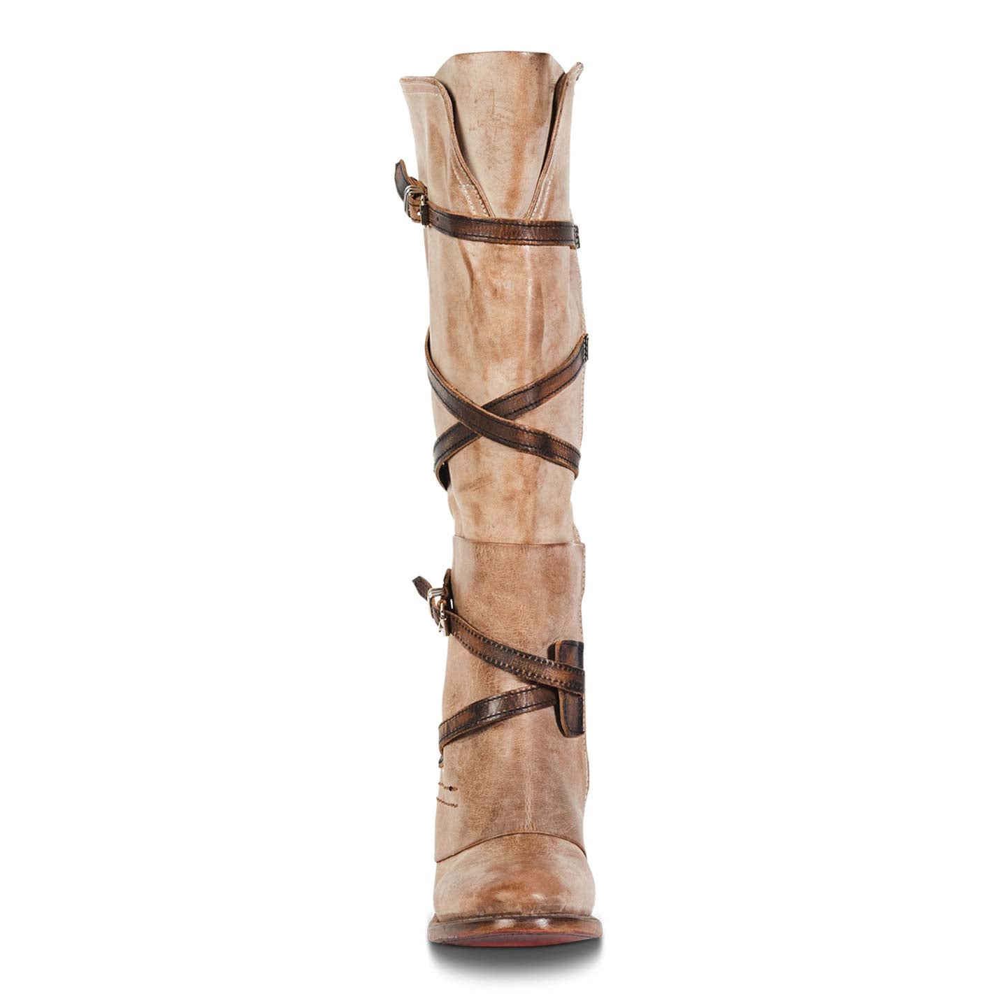 Front view showing crisscrossing leather shaft straps with silver hardware on FREEBIRD women's Cassius beige multi tall leather boot