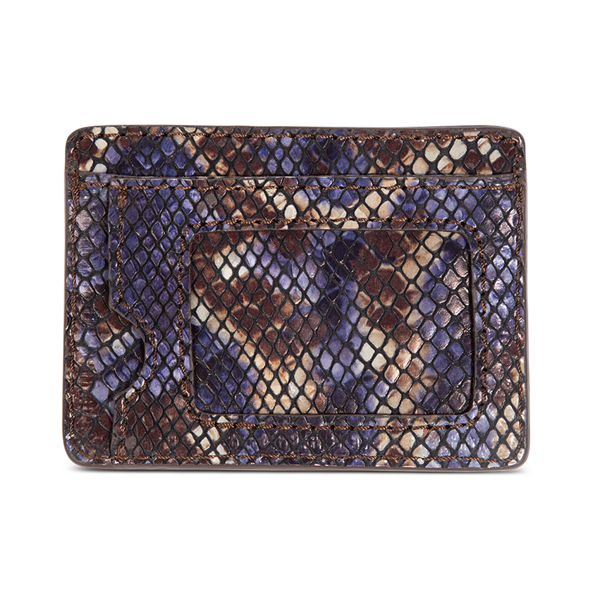 Back view showing clear card case on FREEBIRD CC Wallet blue multi snake