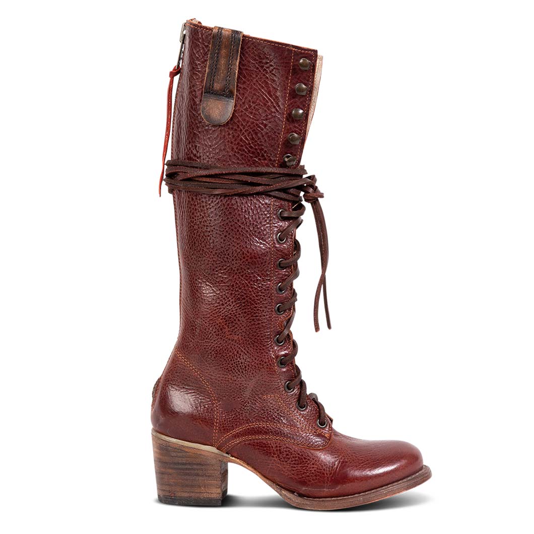 FREEBIRD women's Grany wine leather lace up front knee high boot with back zip closure