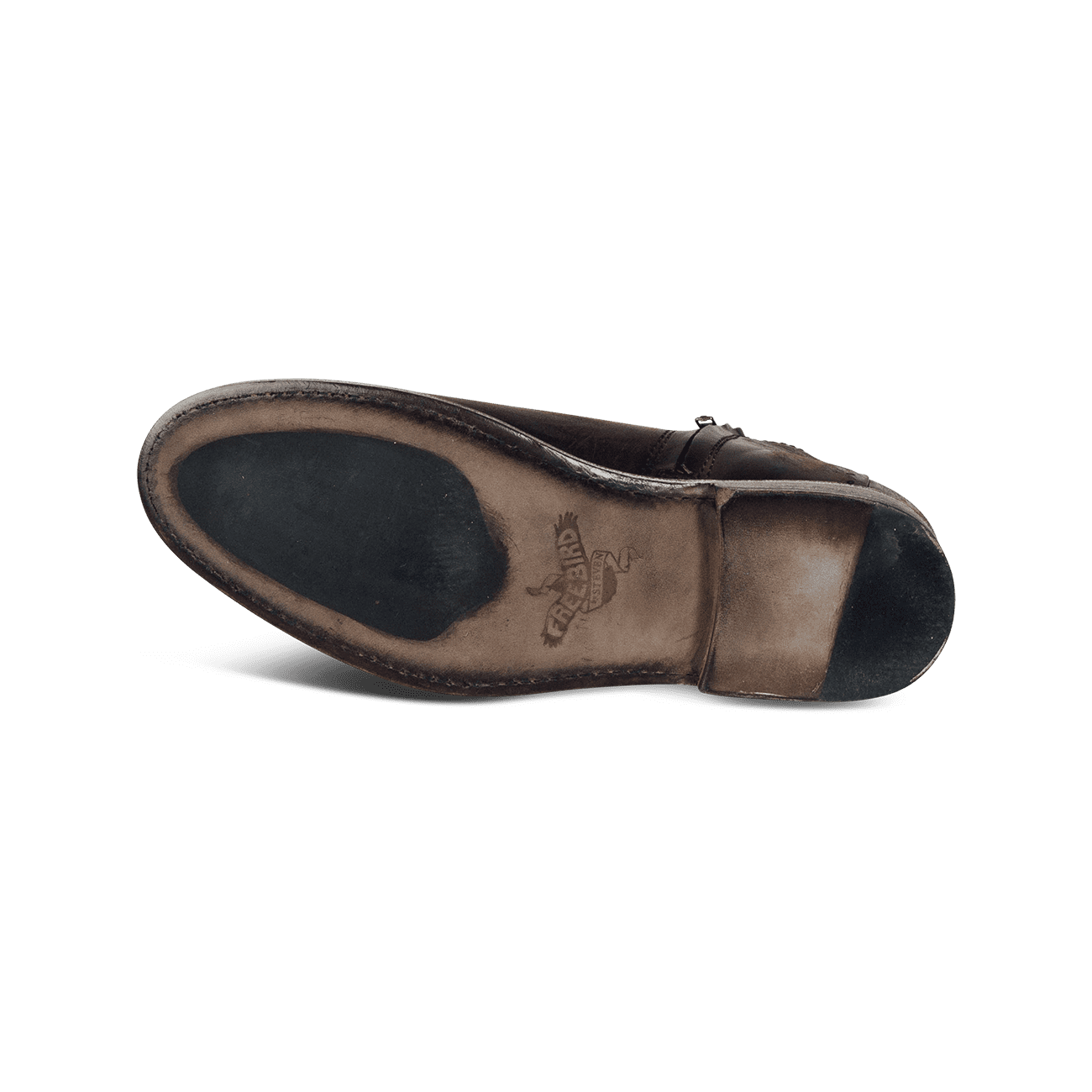 Leather sole imprinted with FREEBIRD on mens Milo dark brown boot
