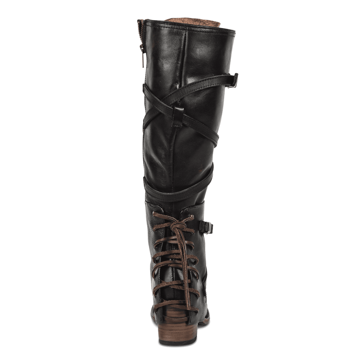 Back view showing leather shaft straps and lacing ankle overlay on FREEBIRD women's Cassius black tall leather boot